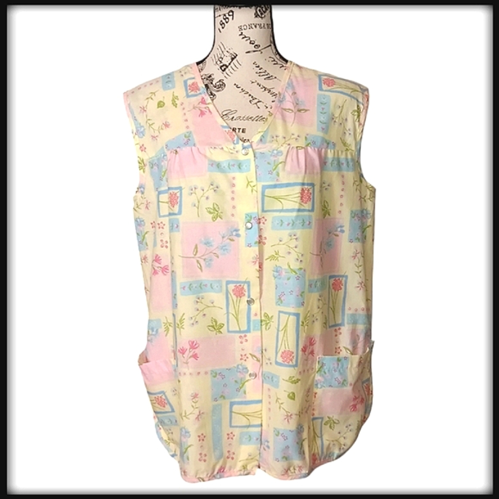 Vintage Moon Dance Sleeveless Button Down Pastel Top Size Lg
